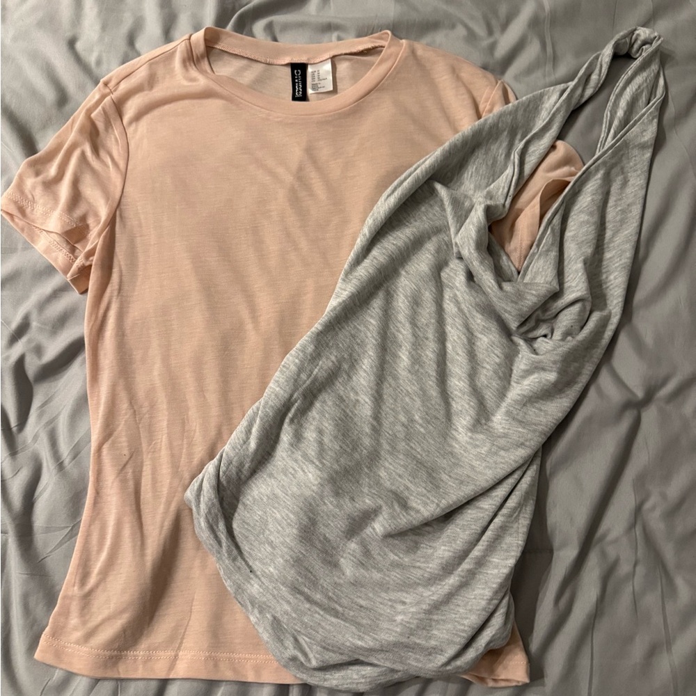 H&M Women's Pink Sheer Top & Cotton On Gray Top- Medium